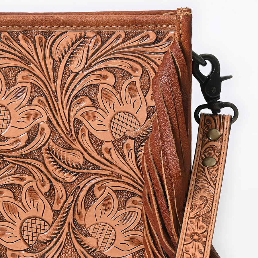 American Darling Messenger Bag Handcrafted from Hand Tooled Floral Carved Genuine Leather with Fringes and YKK Zipper