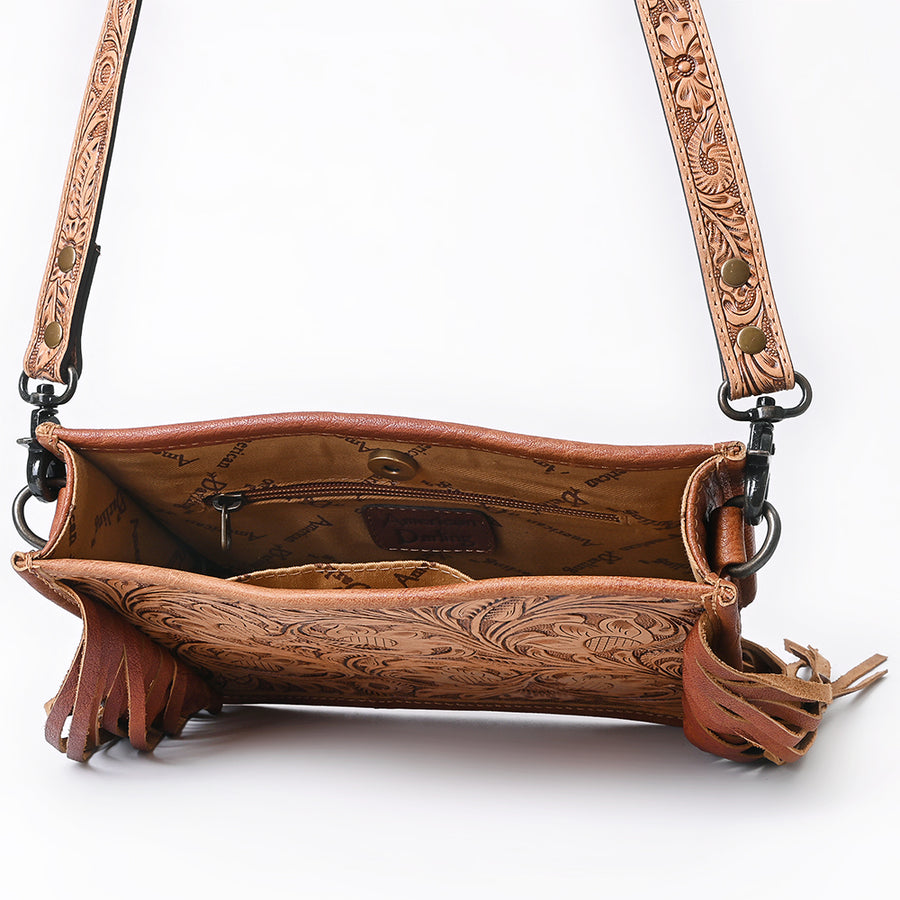 American Darling Messenger Bag Handcrafted from Hand Tooled Floral Carved Genuine Leather with Fringes and YKK Zipper