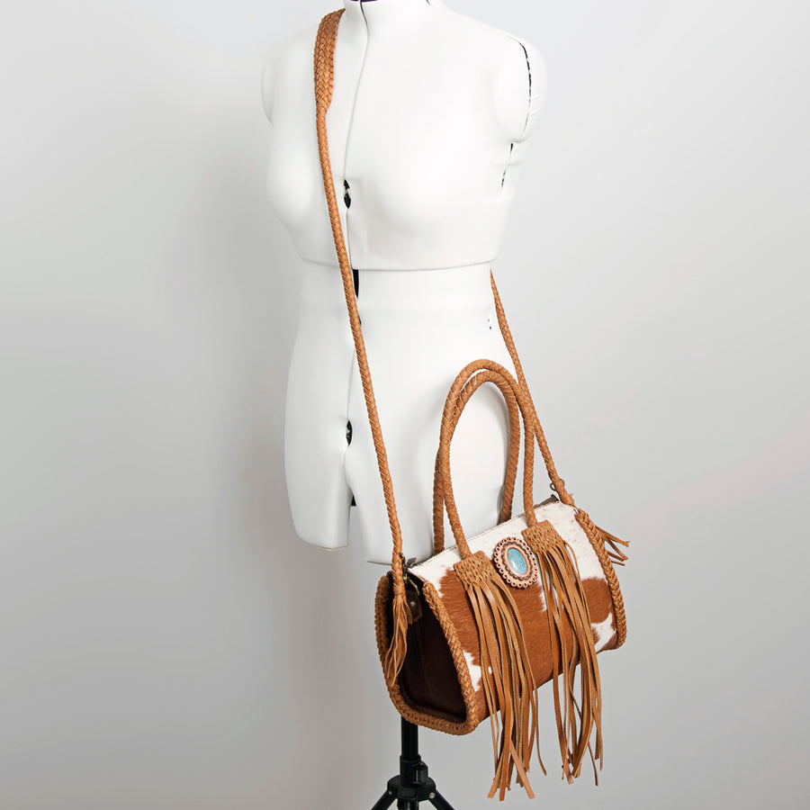 American Darling Speedy Bag, Genuine Vegetable-Tanned Leather Handbag with Turquoise Stone & Braided Handles, 12in (W)