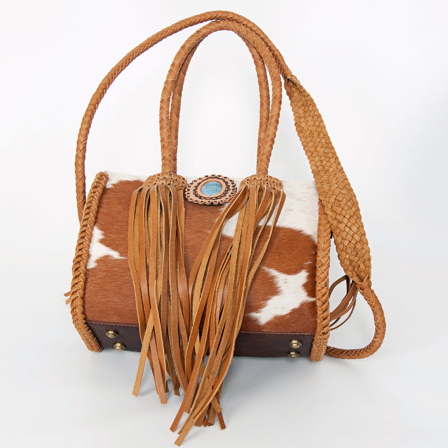 American Darling Speedy Bag, Genuine Vegetable-Tanned Leather Handbag with Turquoise Stone & Braided Handles, 12in (W)