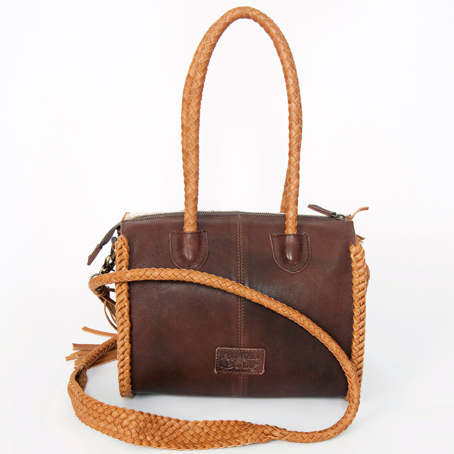 American Darling Speedy Bag, Genuine Vegetable-Tanned Leather Handbag with Turquoise Stone & Braided Handles, 12in (W)