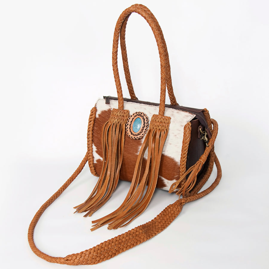 American Darling Handcrafted Leather Speedy Bag with Turquoise Stone and Fringes - Uhorse