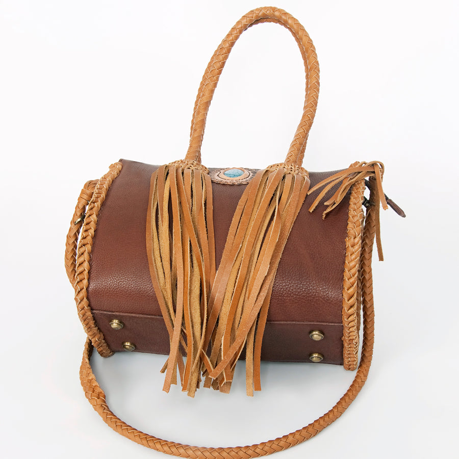 American Darling Speedy Bag, Genuine Vegetable-Tanned Leather Handbag with Turquoise Stone & Braided Handles, 12in (W)