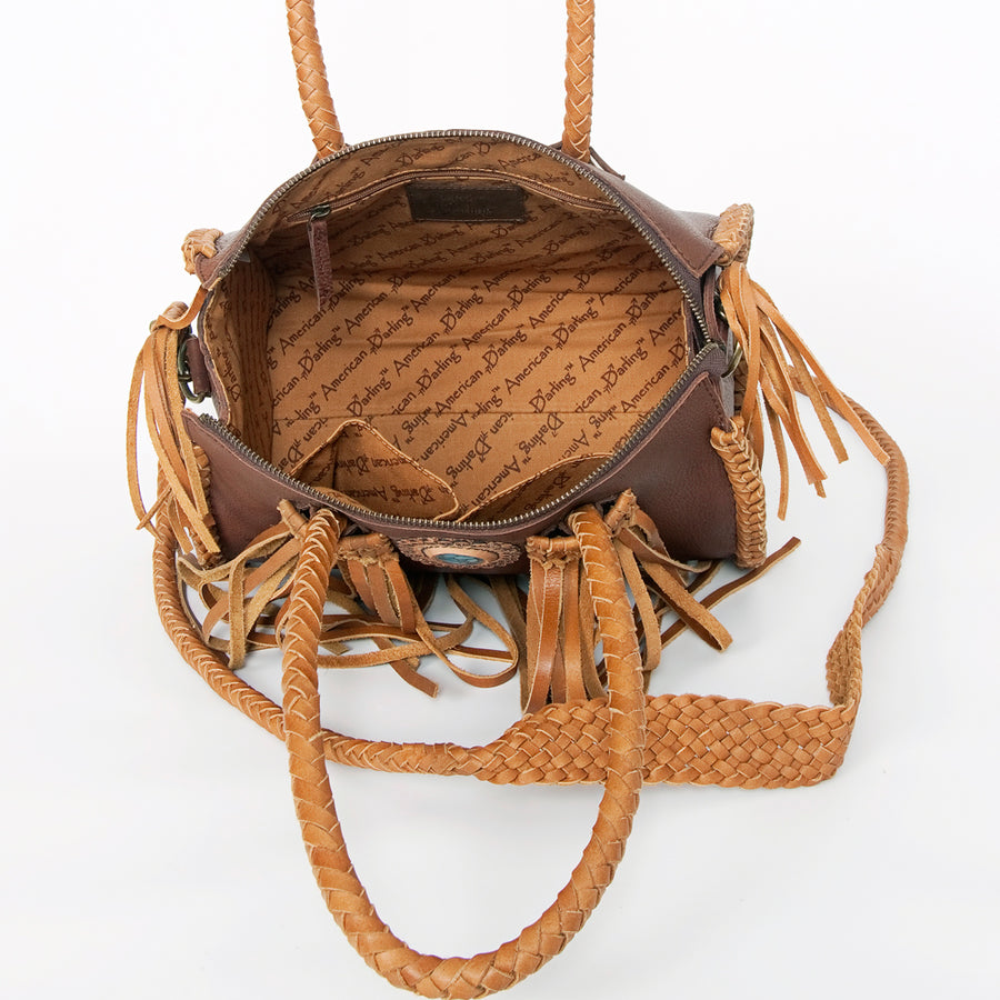 American Darling Speedy Bag, Genuine Vegetable-Tanned Leather Handbag with Turquoise Stone & Braided Handles, 12in (W)