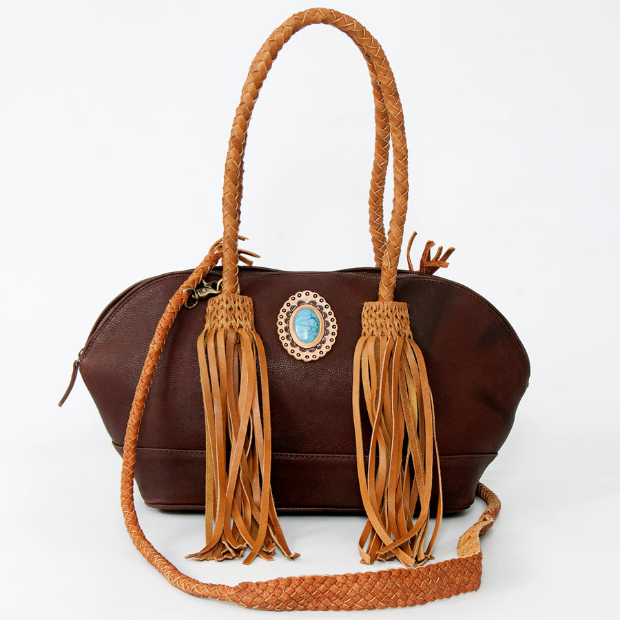 American Darling Tote Bag, Genuine Vegetable-Tanned Leather, Braided Trim with Fringes & Turquoise Stone, Western Handbag