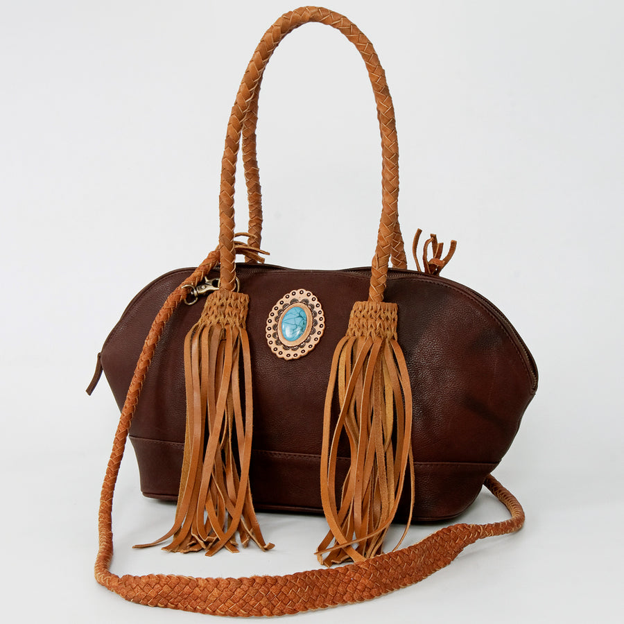 American Darling Western Leather Tote Bag - Fringed Handcrafted Purse with Turquoise - Uhorse