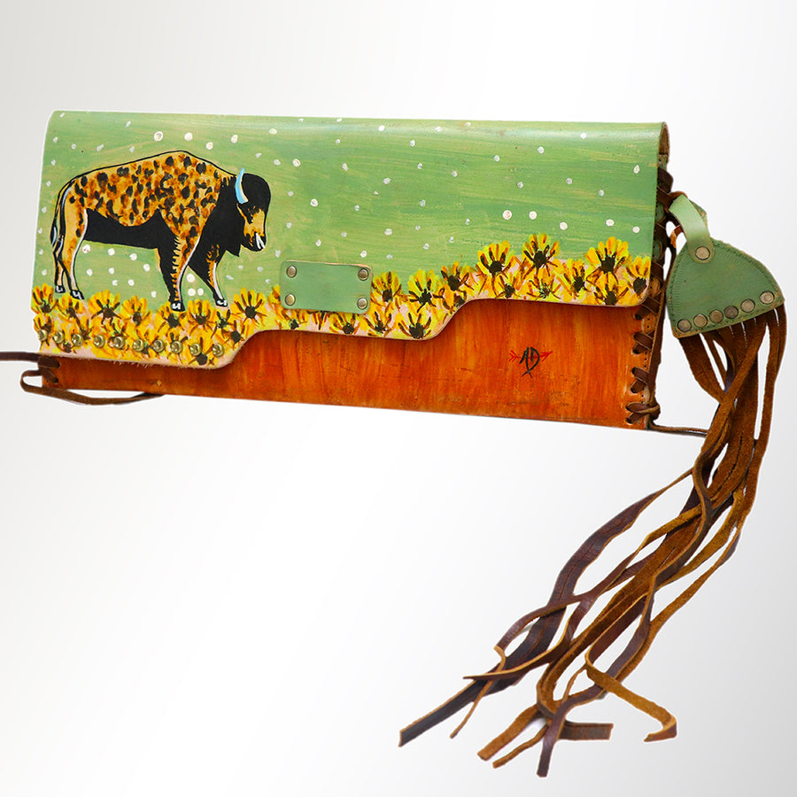 American Darling Envelope Bag - Hand-Painted Vegetable-Tanned Genuine Leather Western Clutch with Fringes - 6.5in x 12in