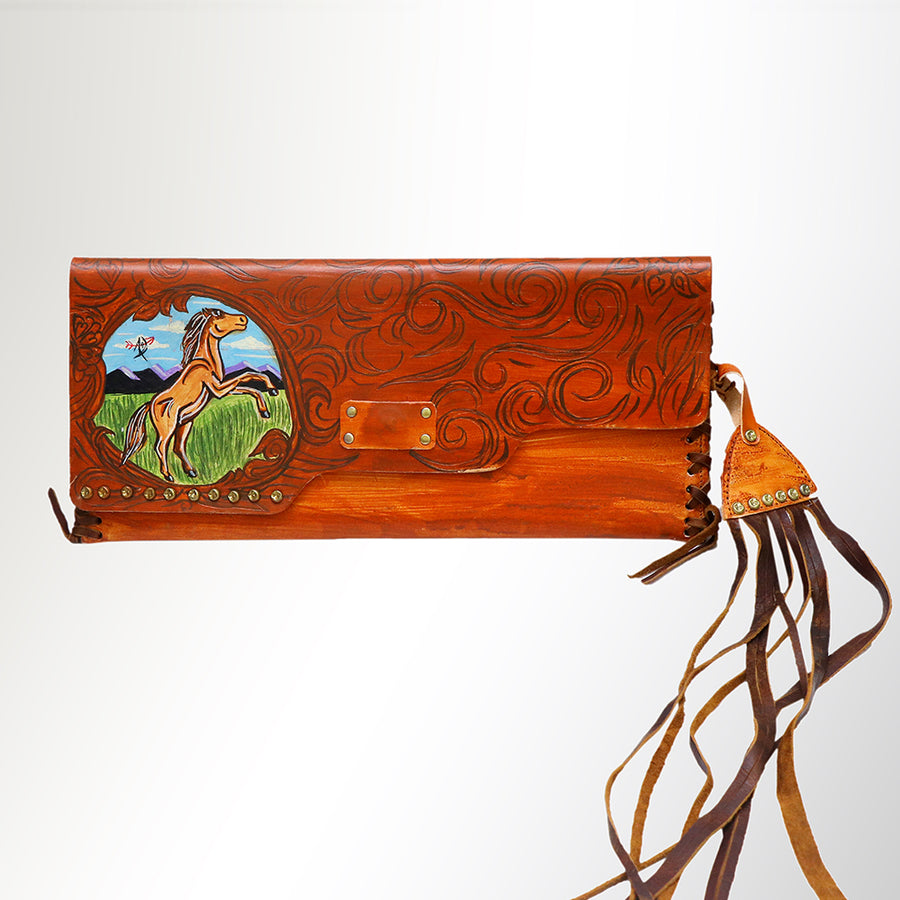 American Darling Envelope Bag - Hand-Painted Vegetable-Tanned Genuine Leather Western Clutch with Fringes - 6.5in x 12in
