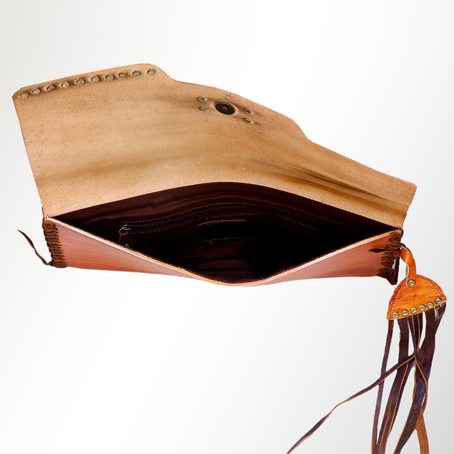 American Darling Envelope Bag - Hand-Painted Vegetable-Tanned Genuine Leather Western Clutch with Fringes - 6.5in x 12in