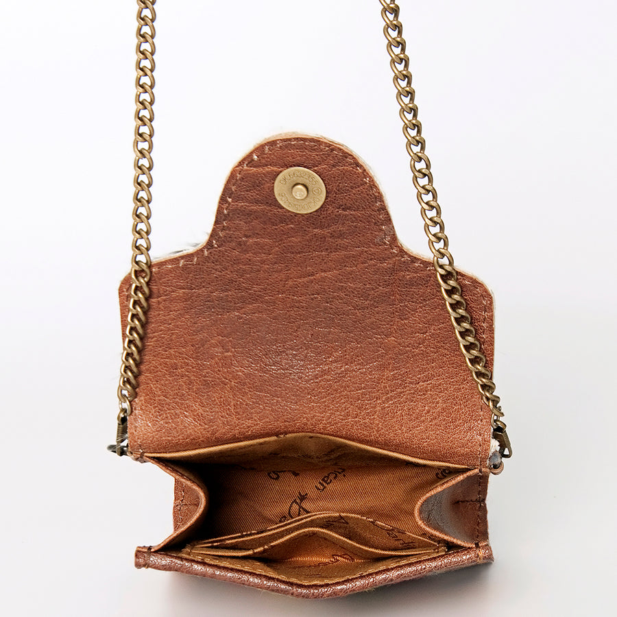 American Darling Small Cross body Bag Western Leather Hair-On Cowhide Hand Tooled Floral Turquoise Concho 5.5x5
