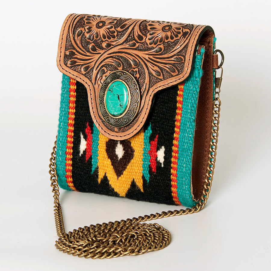American Darling Western Small Cross body Bag Hand Tooled Floral with Hand Woven Saddle Blanket - Uhorse