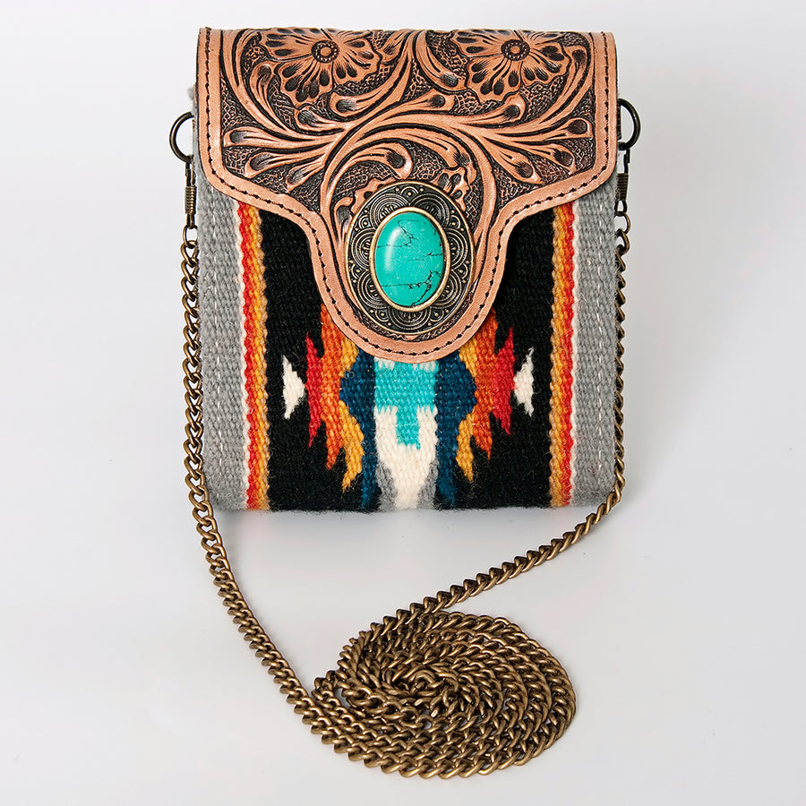 American Darling Small Cross body Bag Western Leather Hair-On Cowhide Hand Tooled Floral Turquoise Concho 5.5x5