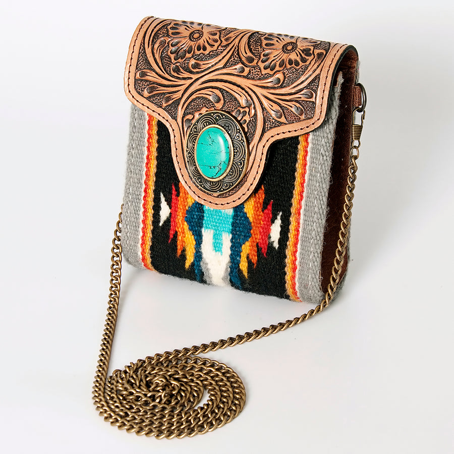 American Darling Western Small Cross body Bag Hand Tooled Floral with Hand Woven Saddle Blanket - Hilason