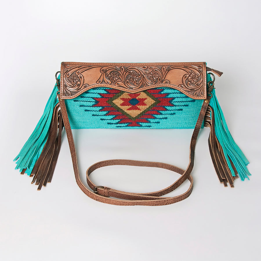 American Darling Small Cross body Bag Hand Tooled Floral Carved Saddle Blanket Genuine Leather Western Purse with Fringes