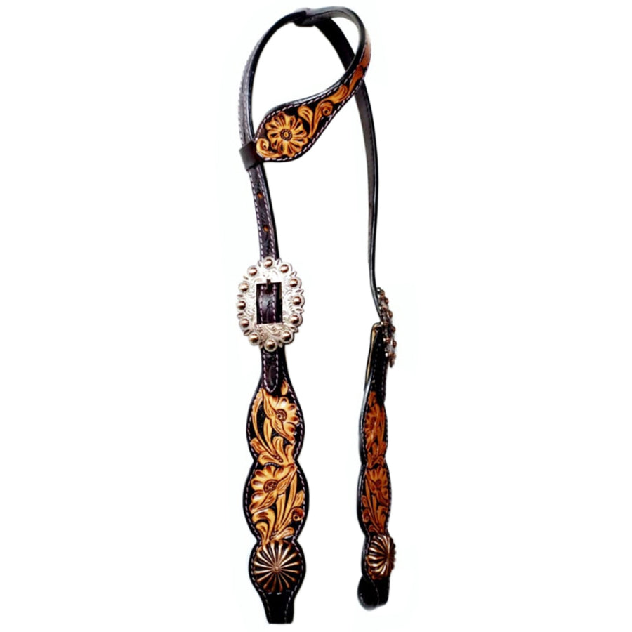 Leather western bridle with tooled floral design and silver conchos - Uhorse