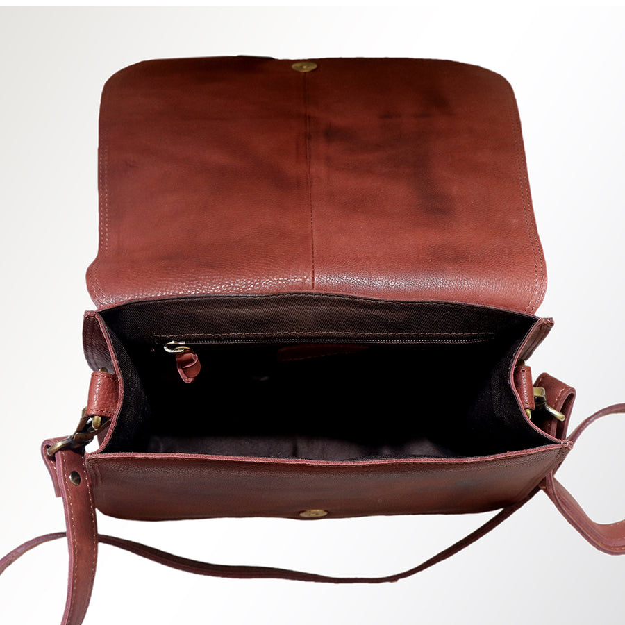 American Darling Messenger Bag, Hand Painted Farmhouse Scene, Vegetable Tanned Full Grain Leather, 8in X 3in X 12in