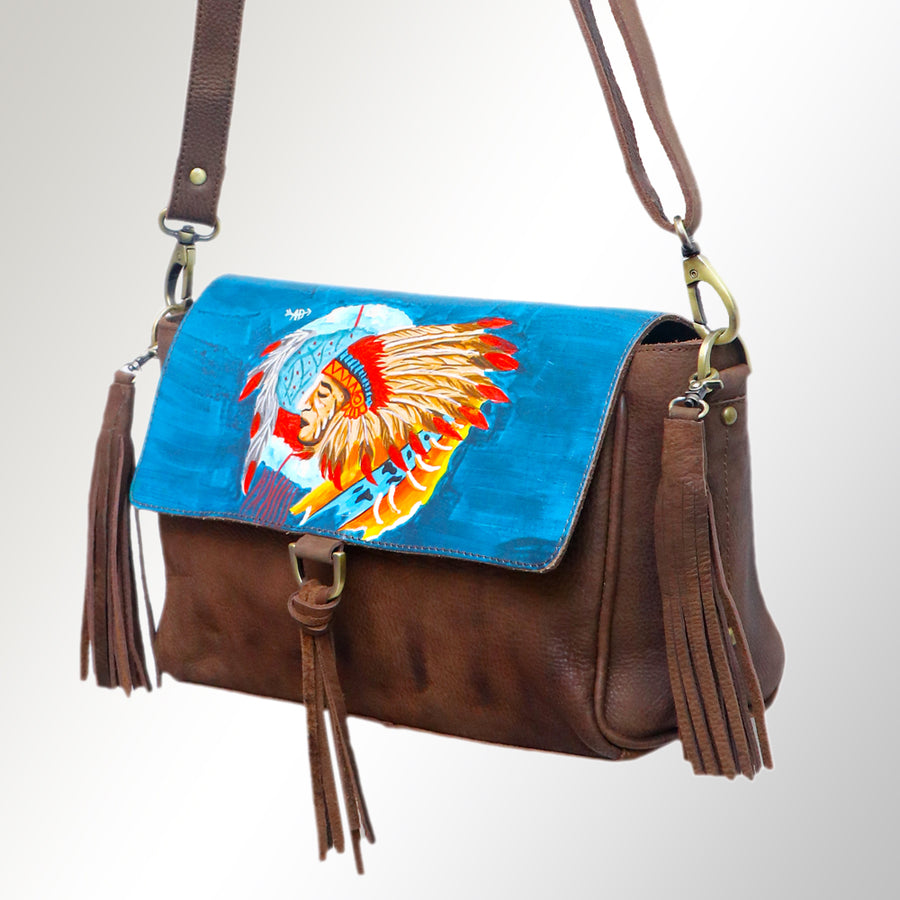 American Darling Cross body Bag, Hand Painted Artistic Horse Scene, Fringed Vegetable Tanned Leather, 14in X 2in X 12in