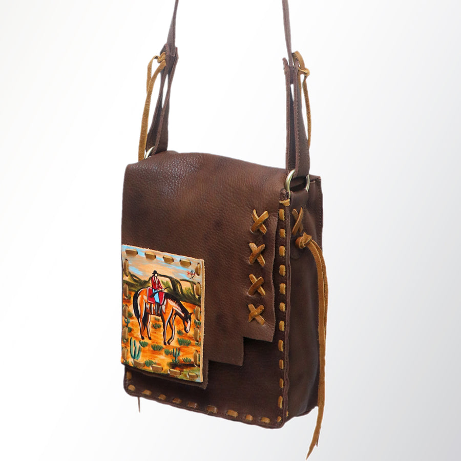 American Darling Cross body Bag, Hand-Painted Genuine Leather, Buck Stitched Western Bag with Fringes and YKK Zipper