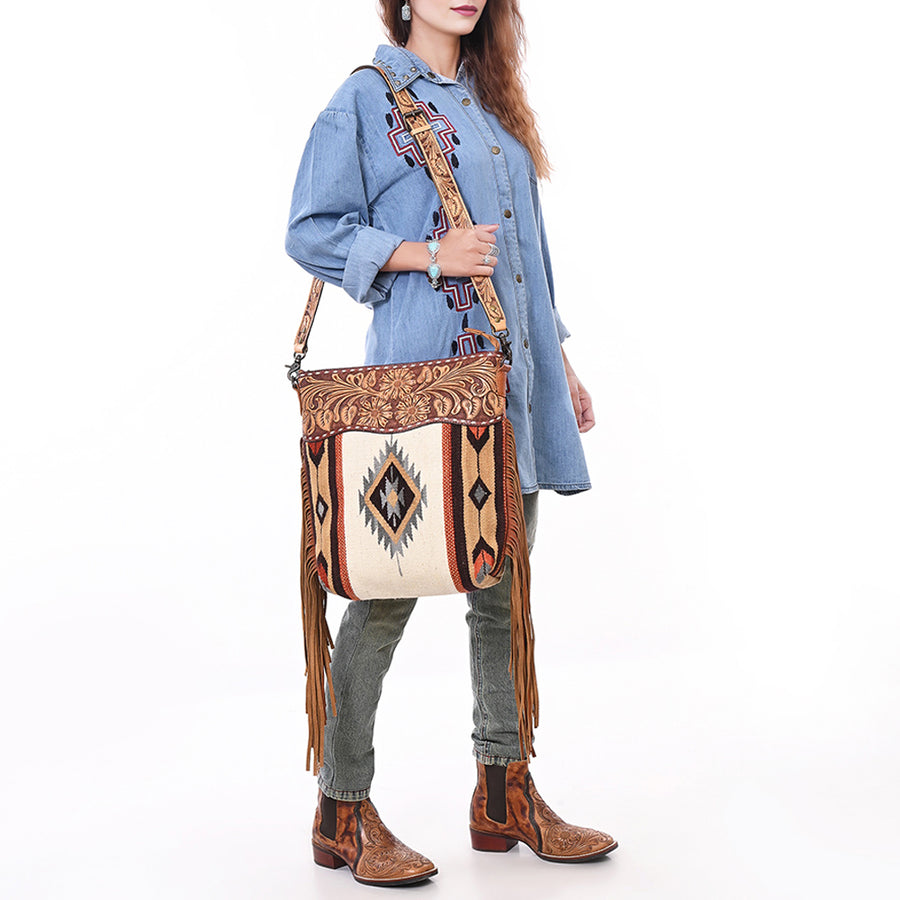 American Darling Signature Cross Body Bag Hand Tooled Floral Carved Leather Woven Saddle Blanket Fringes Genuine Leather