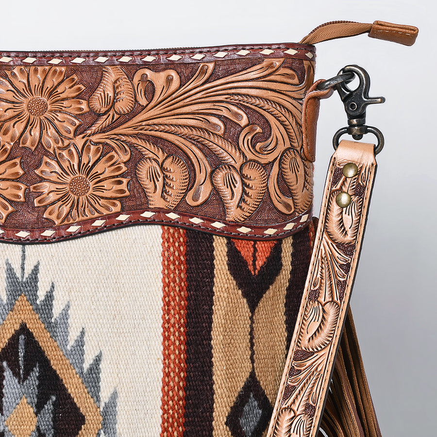 American Darling Signature Cross Body Bag Hand Tooled Floral Carved Leather Woven Saddle Blanket Fringes Genuine Leather