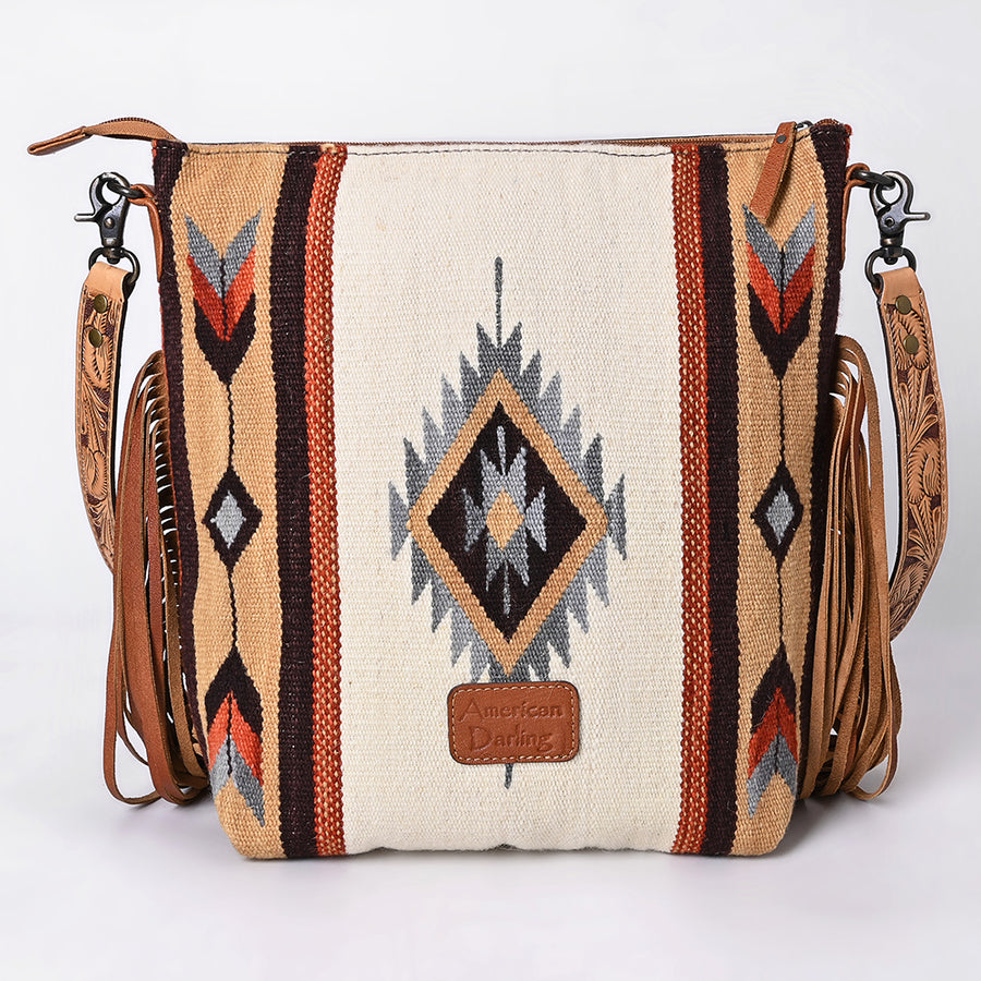 American Darling Signature Cross Body Bag Hand Tooled Floral Carved Leather Woven Saddle Blanket Fringes Genuine Leather