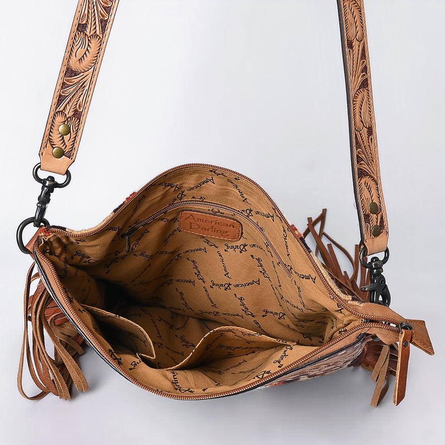 American Darling Signature Cross Body Bag Hand Tooled Floral Carved Leather Woven Saddle Blanket Fringes Genuine Leather