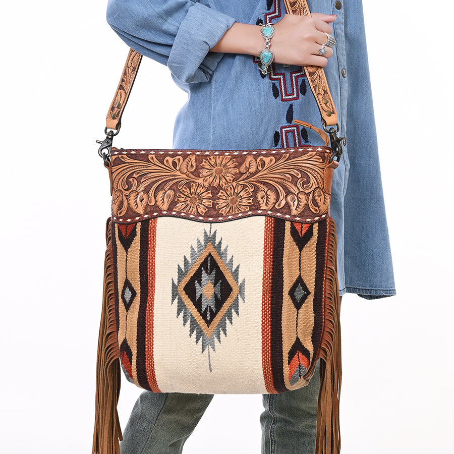 American Darling Signature Cross Body Bag Hand Tooled Floral Carved Leather Woven Saddle Blanket Fringes Genuine Leather