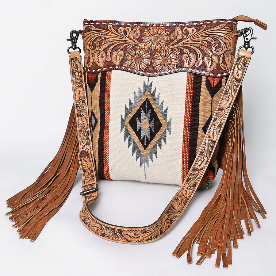 American Darling Signature Cross Body Bag - Hand Tooled Floral Leather and Woven Saddle Blanket - Uhorse
