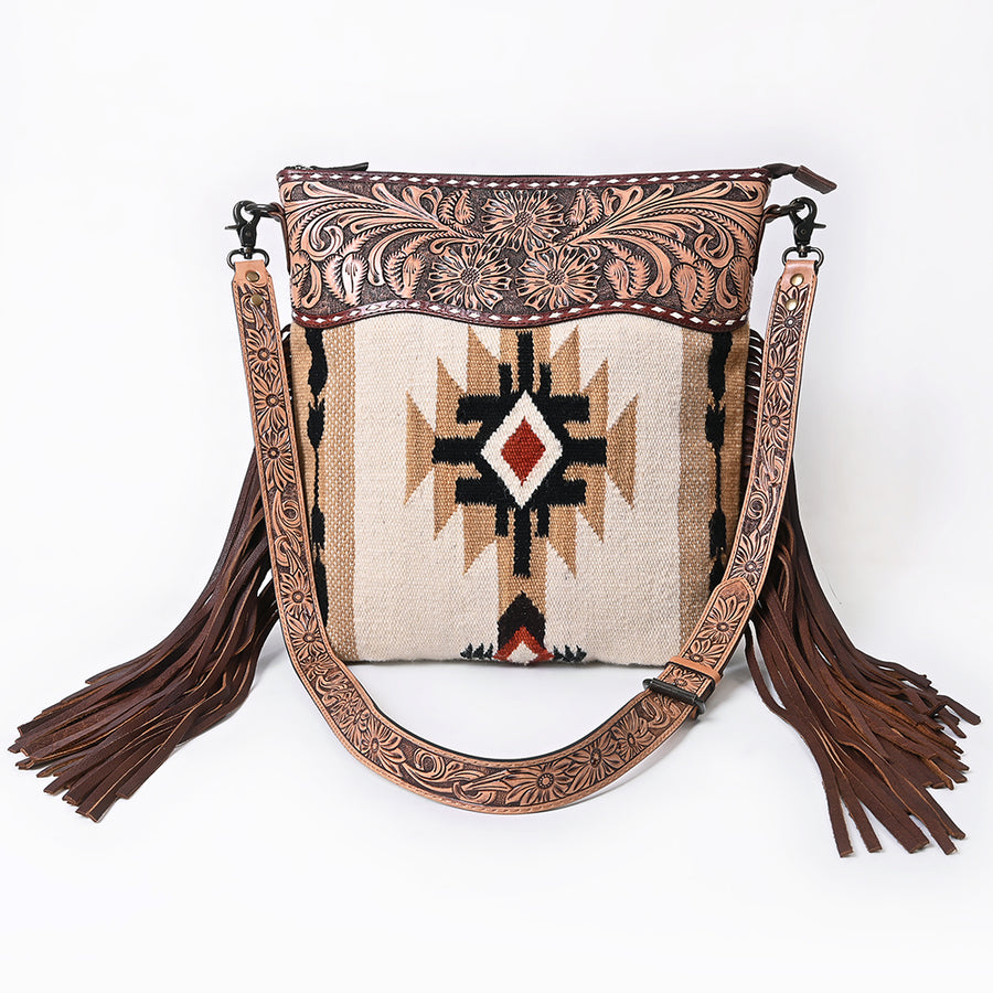 American Darling Signature Cross Body Bag Hand Tooled Floral Carved Leather Woven Saddle Blanket Fringes Genuine Leather