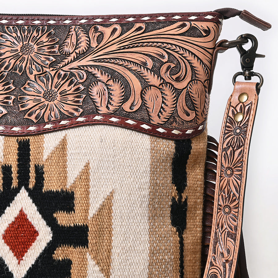 American Darling Signature Cross Body Bag Hand Tooled Floral Carved Leather Woven Saddle Blanket Fringes Genuine Leather
