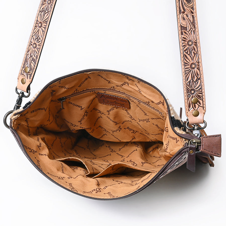 American Darling Signature Cross Body Bag Hand Tooled Floral Carved Leather Woven Saddle Blanket Fringes Genuine Leather