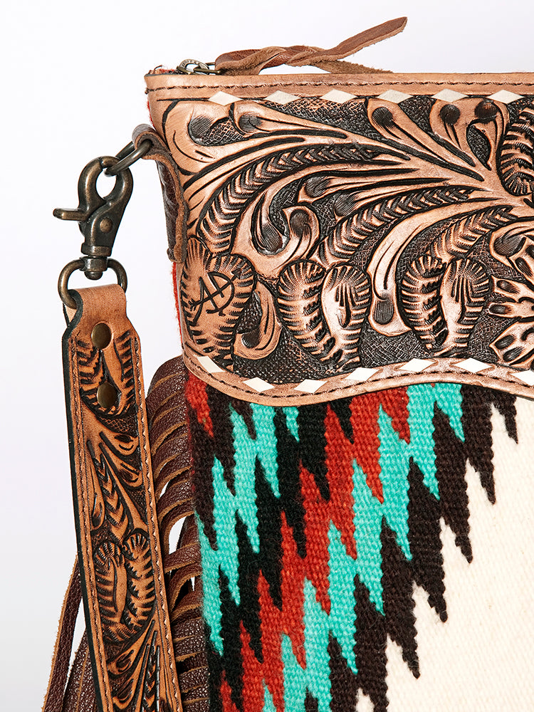 American Darling Signature Cross Body Bag Hand Tooled Floral Carved Leather Woven Saddle Blanket Fringes Genuine Leather