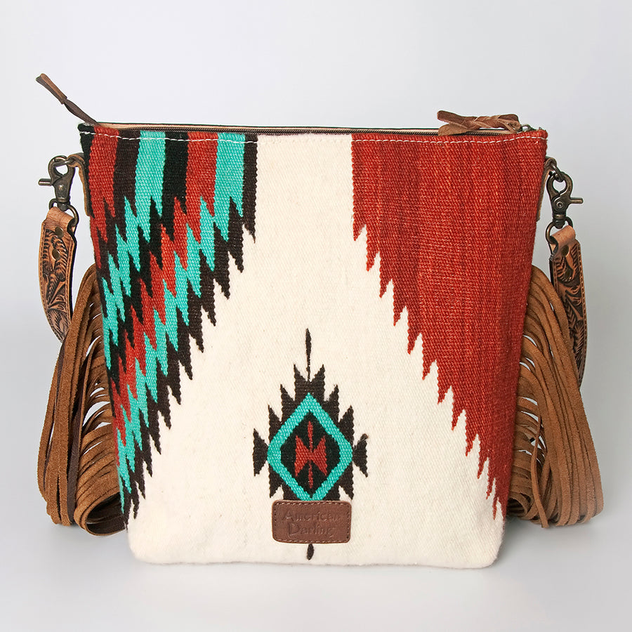 American Darling Signature Cross Body Bag Hand Tooled Floral Carved Leather Woven Saddle Blanket Fringes Genuine Leather