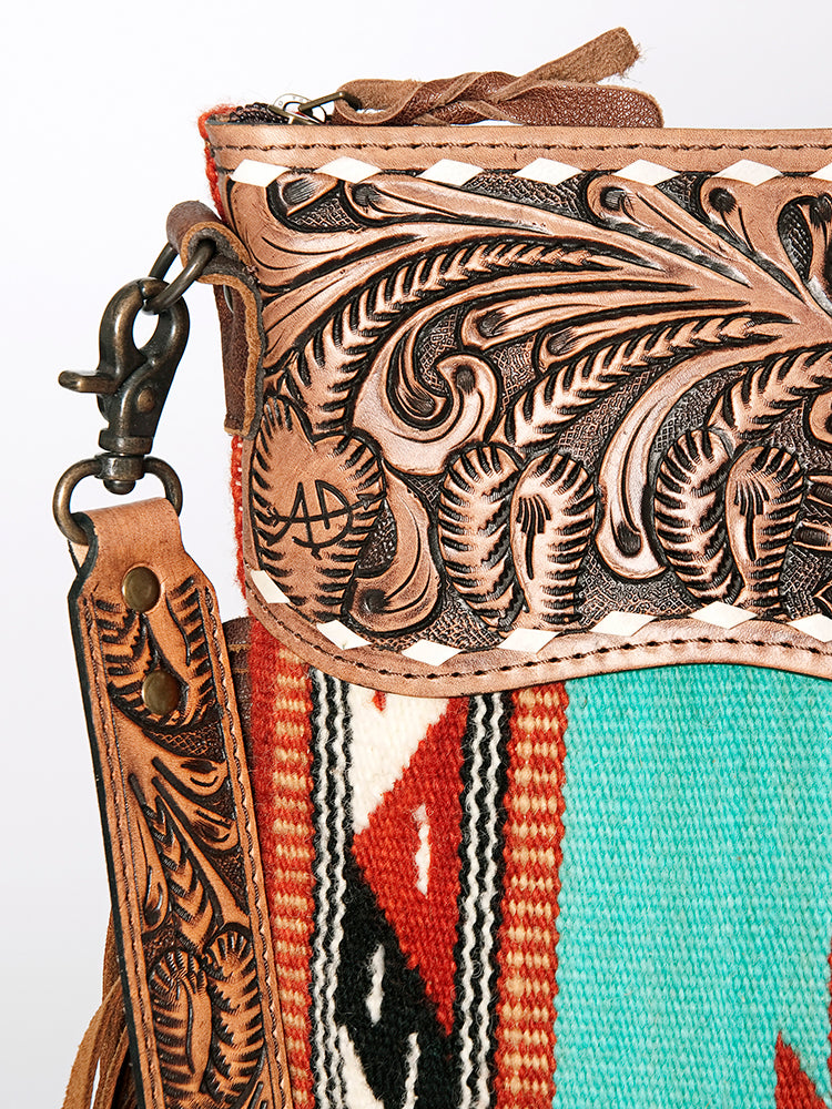 American Darling Signature Cross Body Bag Hand Tooled Floral Carved Leather Woven Saddle Blanket Fringes Genuine Leather