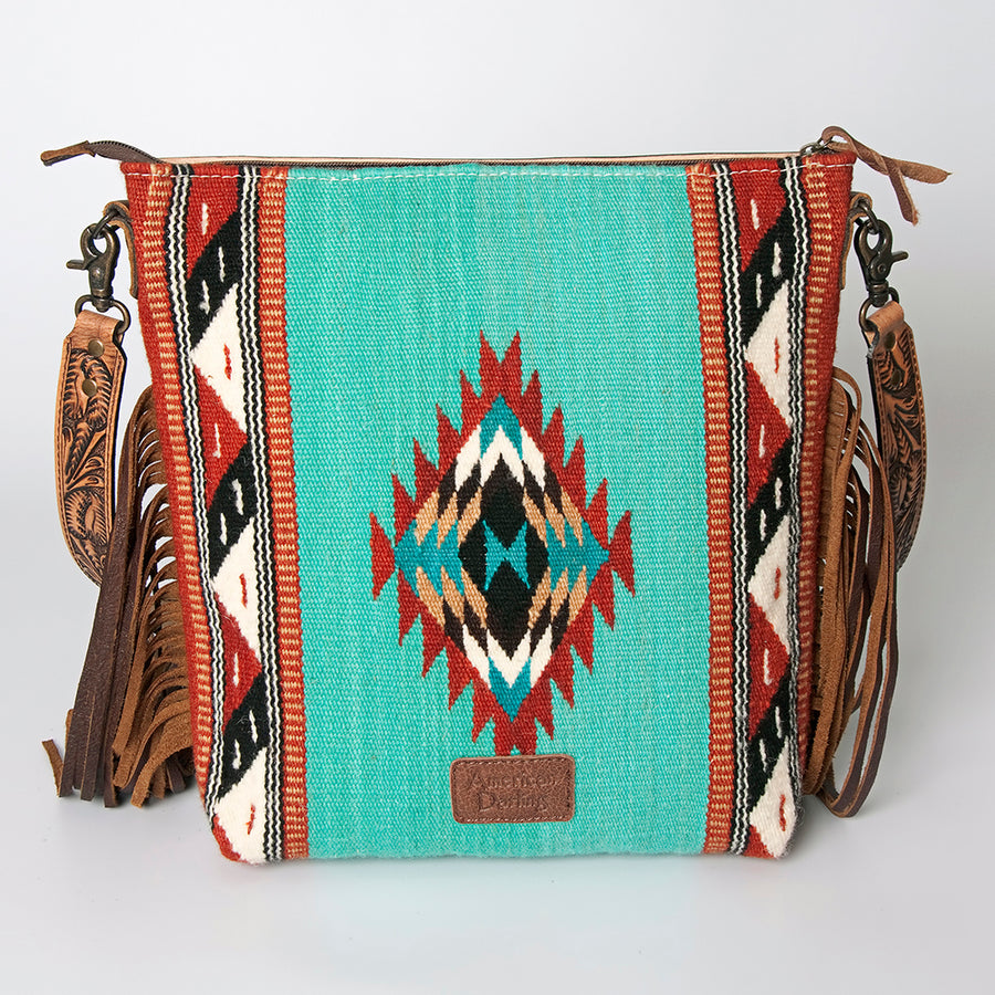 American Darling Signature Cross Body Bag Hand Tooled Floral Carved Leather Woven Saddle Blanket Fringes Genuine Leather
