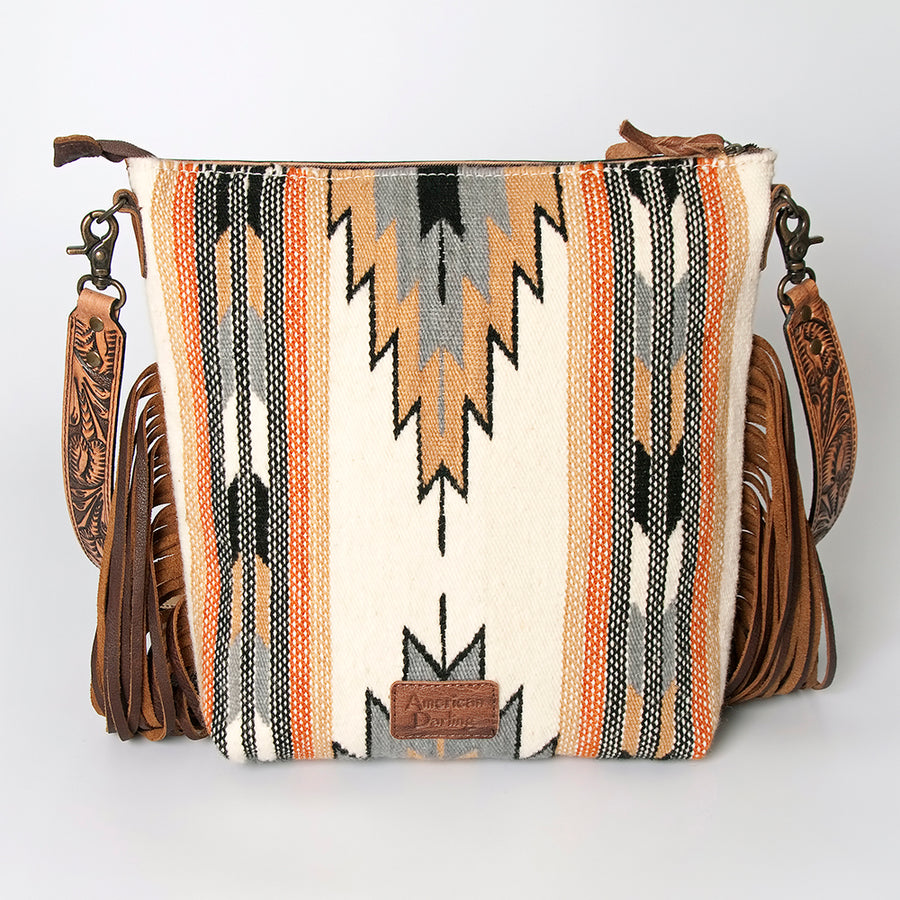 American Darling Signature Cross Body Bag Hand Tooled Floral Carved Leather Woven Saddle Blanket Fringes Genuine Leather