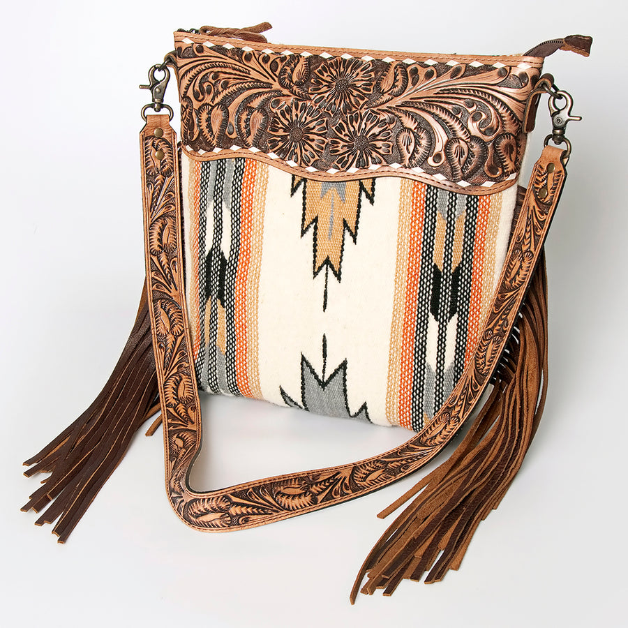 American Darling Signature Cross Body Bag - Hand Tooled Floral Leather and Woven Saddle Blanket - Uhorse