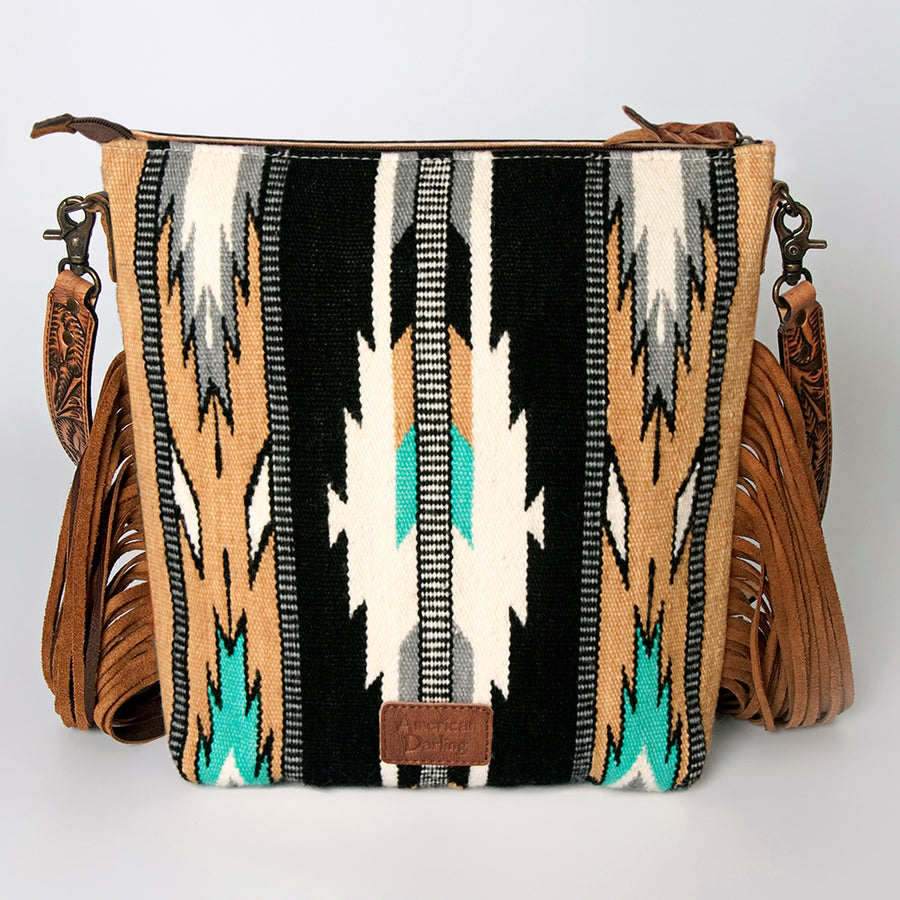 American Darling Signature Cross Body Bag Hand Tooled Floral Carved Leather Woven Saddle Blanket Fringes Genuine Leather