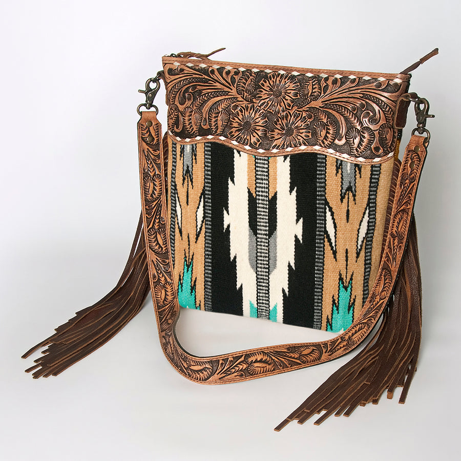 American Darling Signature Cross Body Bag - Hand Tooled Floral Leather and Woven Saddle Blanket - Uhorse