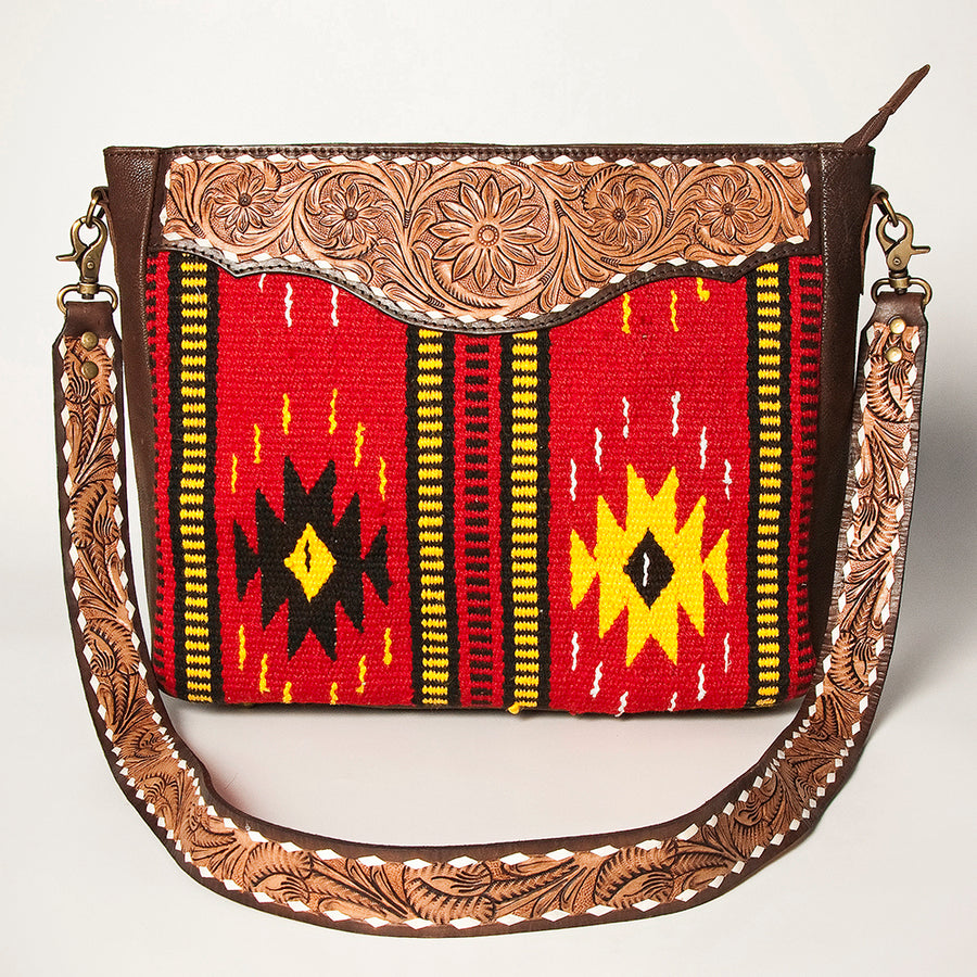 American Darling Women's Messenger Bag Hand Woven Saddle Blanket Hand Tooled Floral Carved Vegetable-Tanned Genuine Leather YKK Zipper