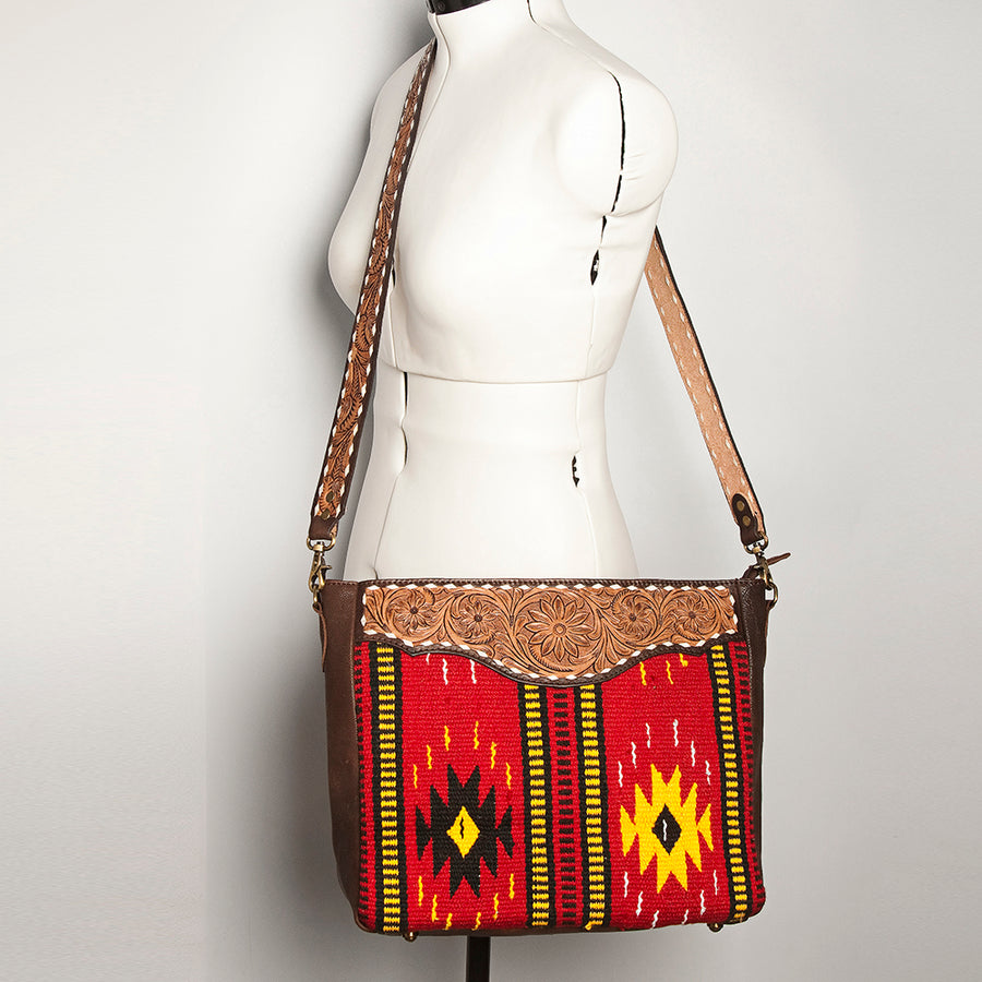 American Darling Women's Messenger Bag Hand Woven Saddle Blanket Hand Tooled Floral Carved Vegetable-Tanned Genuine Leather YKK Zipper