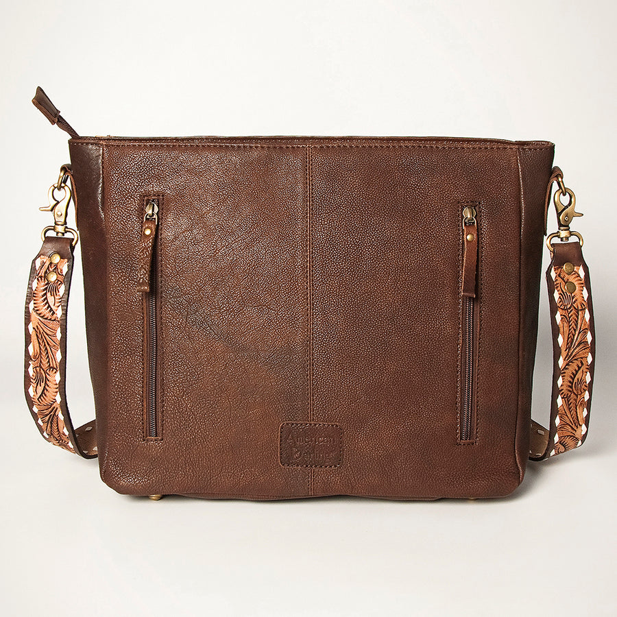 American Darling Women's Messenger Bag Hand Woven Saddle Blanket Hand Tooled Floral Carved Vegetable-Tanned Genuine Leather YKK Zipper