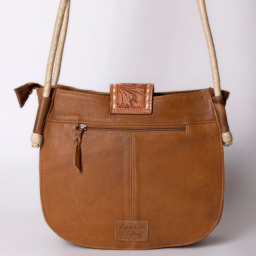 American Darling Messenger Bag, Hand-Tooled Floral Western Leather Purse, Buck Stitched, 9.5in (H) X 12in (W) X 3.5in (D)
