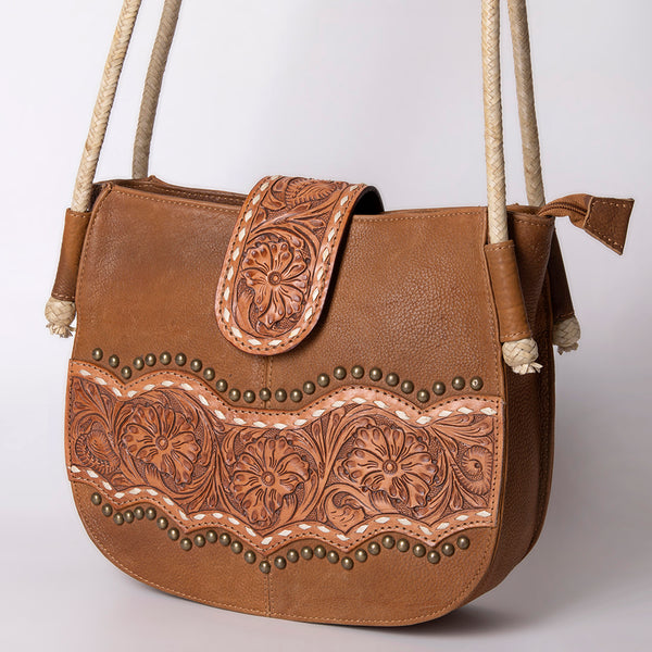 American Darling Western Hand-Tooled Floral Messenger Bag - Buck Stitched Leather Purse - Uhorse