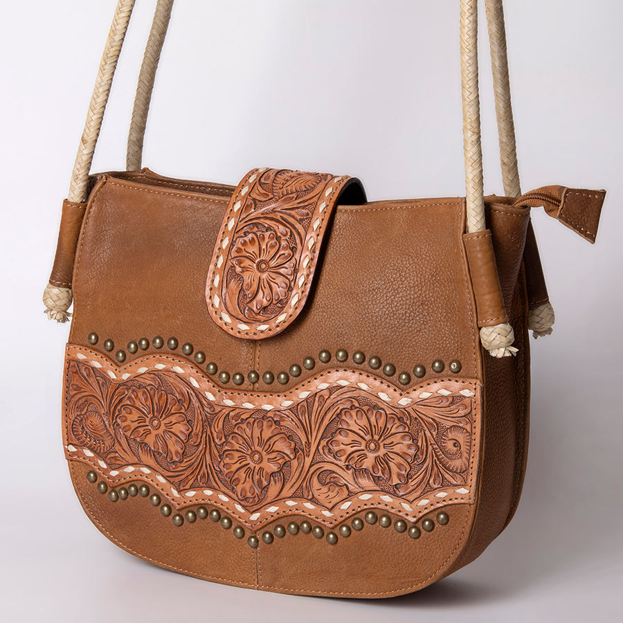 American Darling Western Hand-Tooled Floral Messenger Bag - Buck Stitched Leather Purse - Uhorse