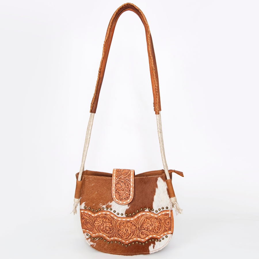 American Darling Messenger Bag, Hand-Tooled Floral Western Leather Purse, Buck Stitched, 9.5in (H) X 12in (W) X 3.5in (D)