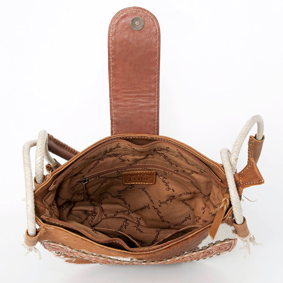 American Darling Messenger Bag, Hand-Tooled Floral Western Leather Purse, Buck Stitched, 9.5in (H) X 12in (W) X 3.5in (D)