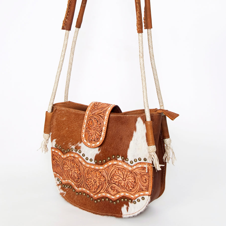 American Darling Western Hand-Tooled Floral Messenger Bag with Hair-On Cowhide - Uhorse