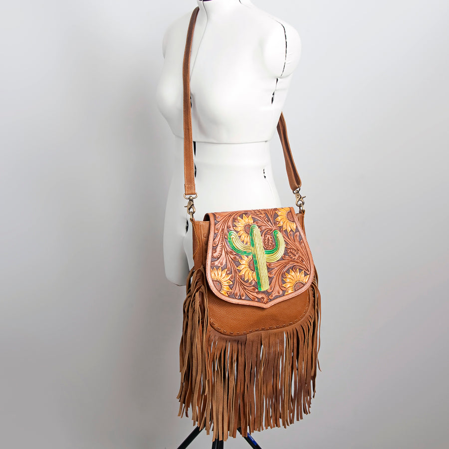 American Darling Messenger Bag Hand Tooled Sunflower Cactus Leather with Fringes Western Crossbody 11.5in x 11.5in