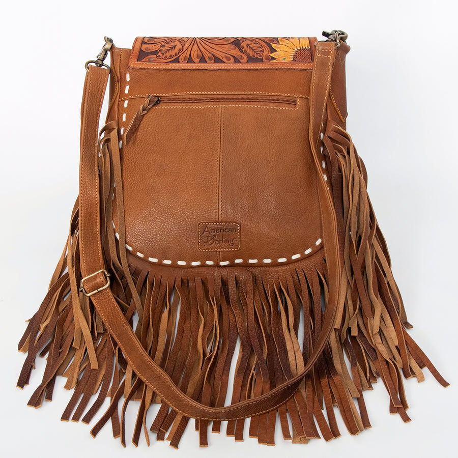 American Darling Messenger Bag Hand Tooled Sunflower Cactus Leather with Fringes Western Crossbody 11.5in x 11.5in